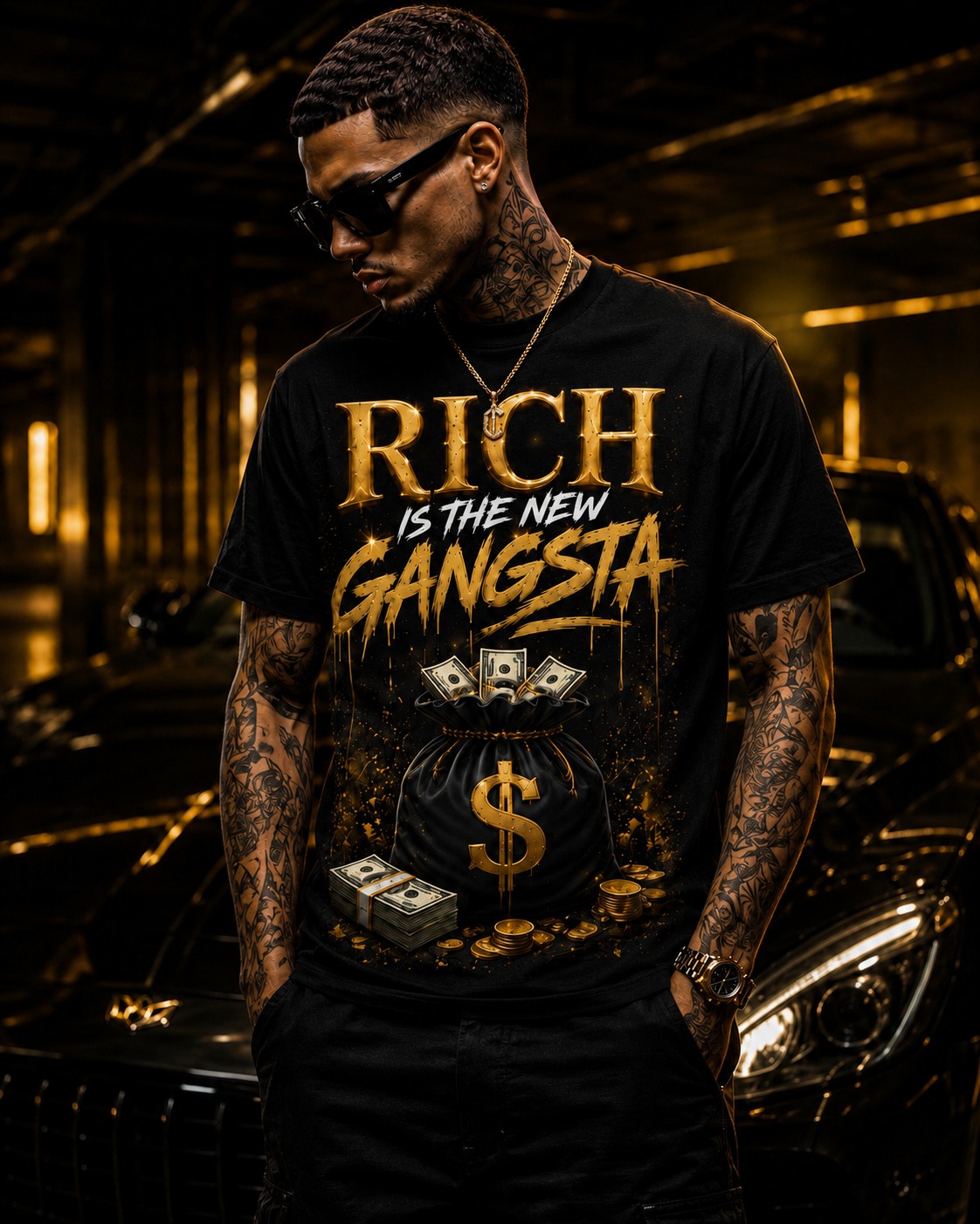 Rich Is The New Gangsta™ – Money Bag Tee (Black/Gold)